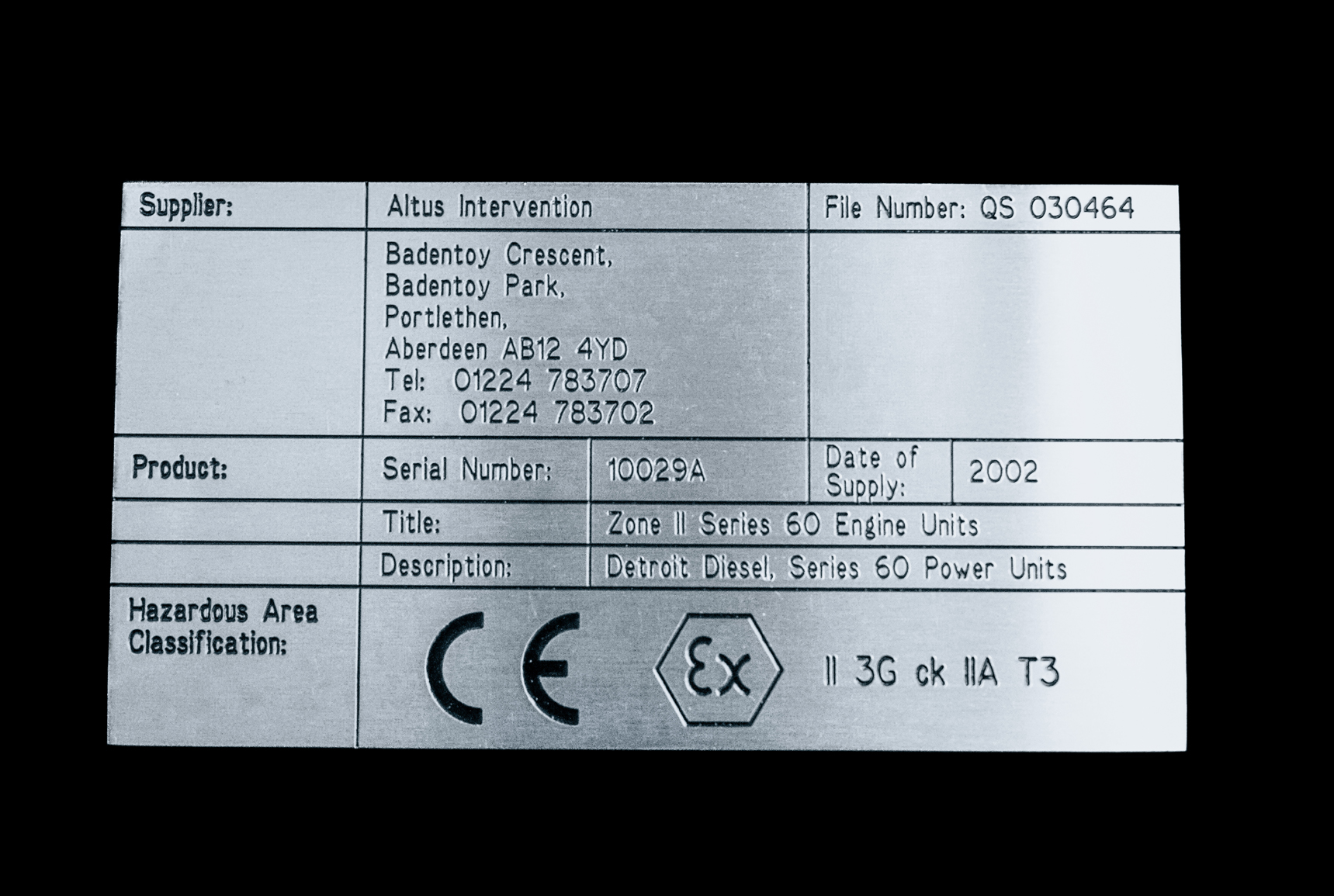 Equipment Identification Plates serial tag example
